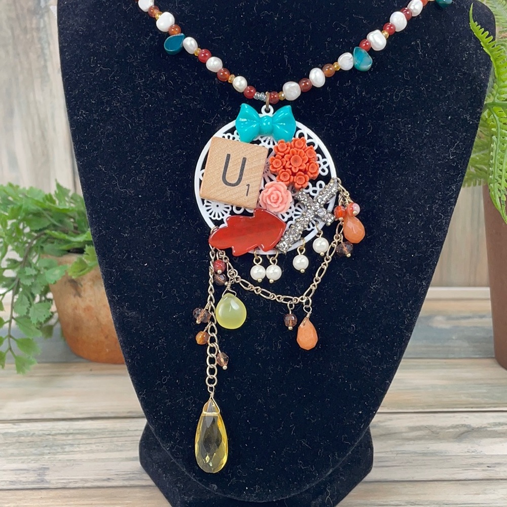⭐️Adorned Crown artisan assemblage letter U scrabble tile cluster necklace